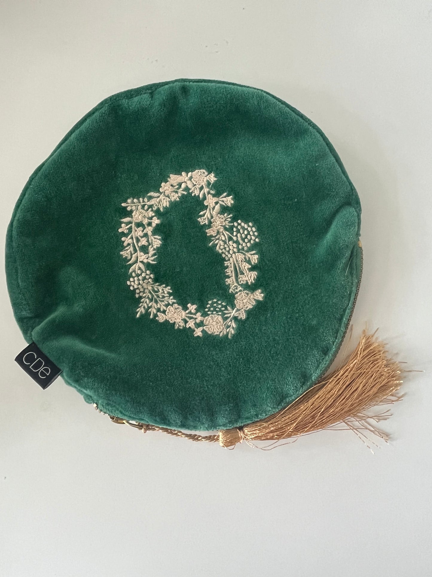 Green velvet & floral tassel travel bag