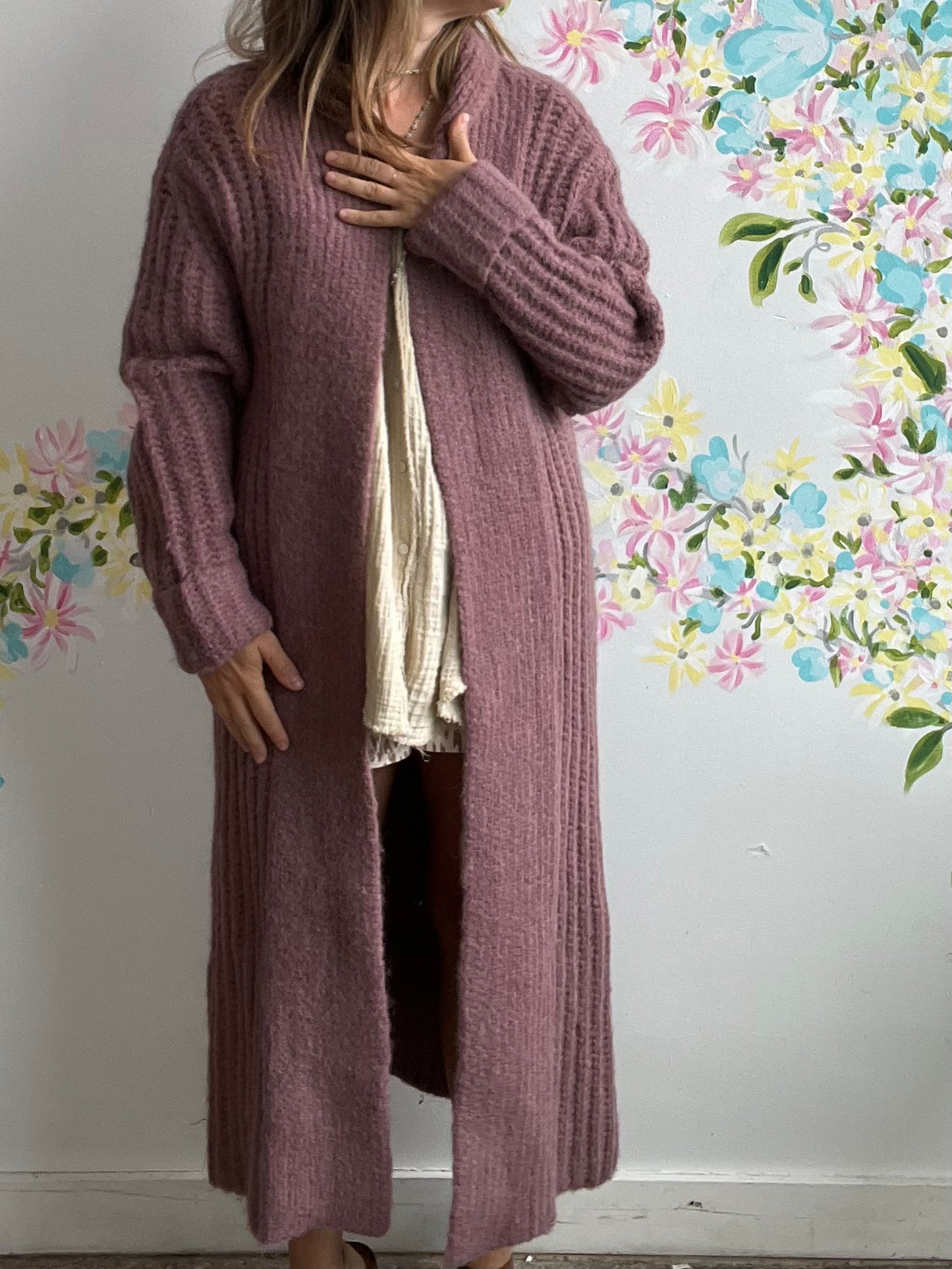 Full length cardigan coat in plum SIZE S/M