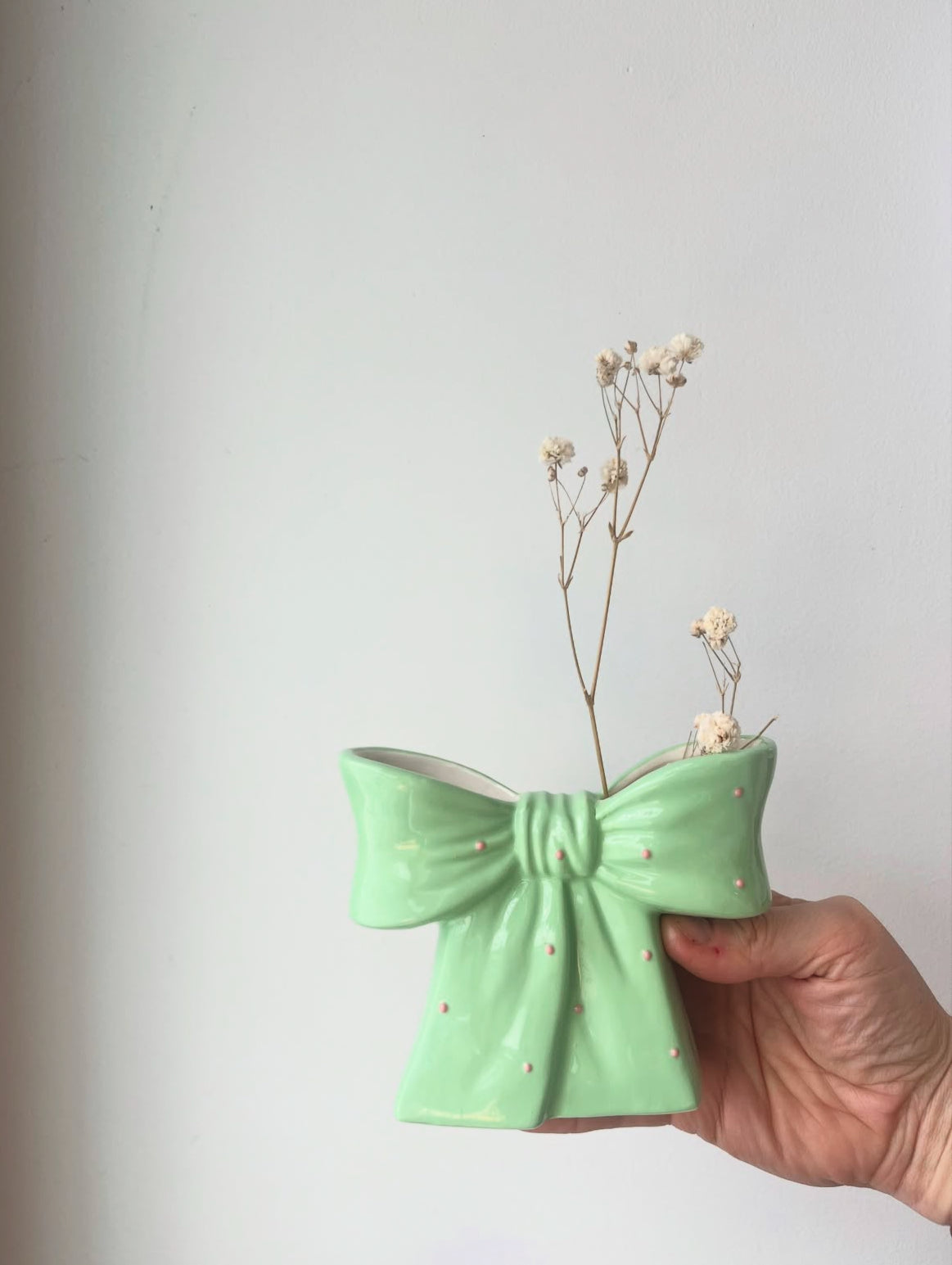 Green and pink Polka Dot Bow Vase