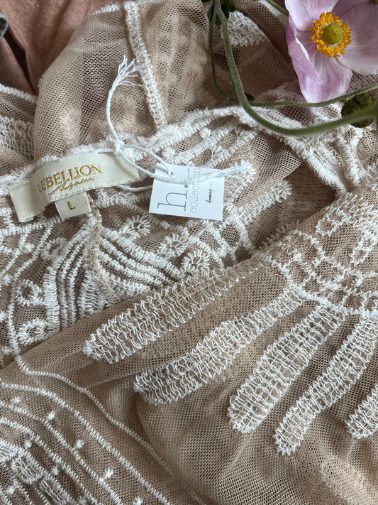 Neutral lace duster with bell sleeves SIZE large