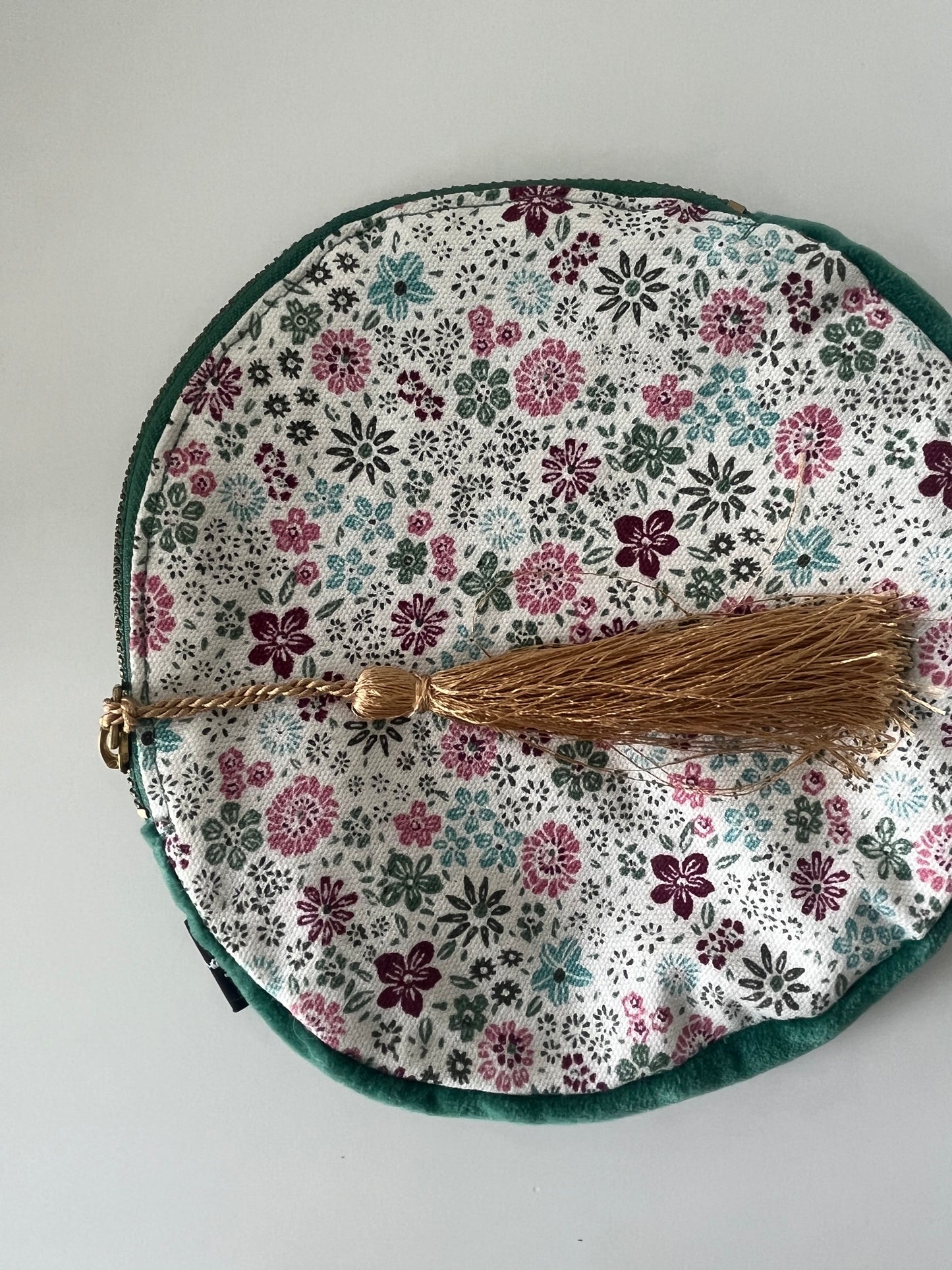 Green velvet & floral tassel travel bag