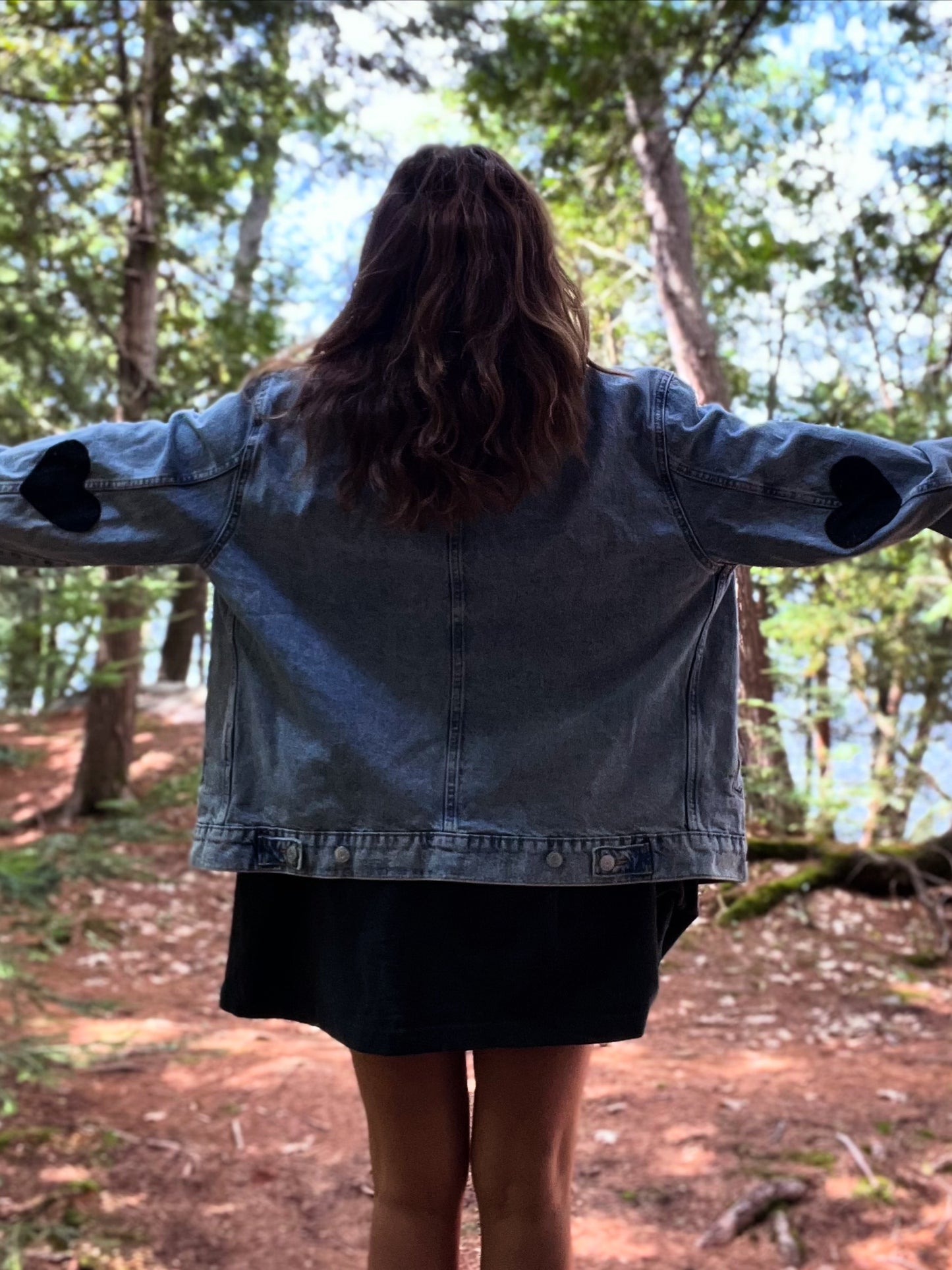 L O V E denim jacket with wool heart sleeves SIZE small (assuming men’s small)