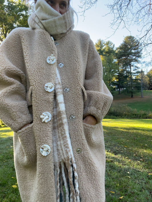 The JACKET. 100% lamb shearling in SIZE small with leather tie buttons. RARE!