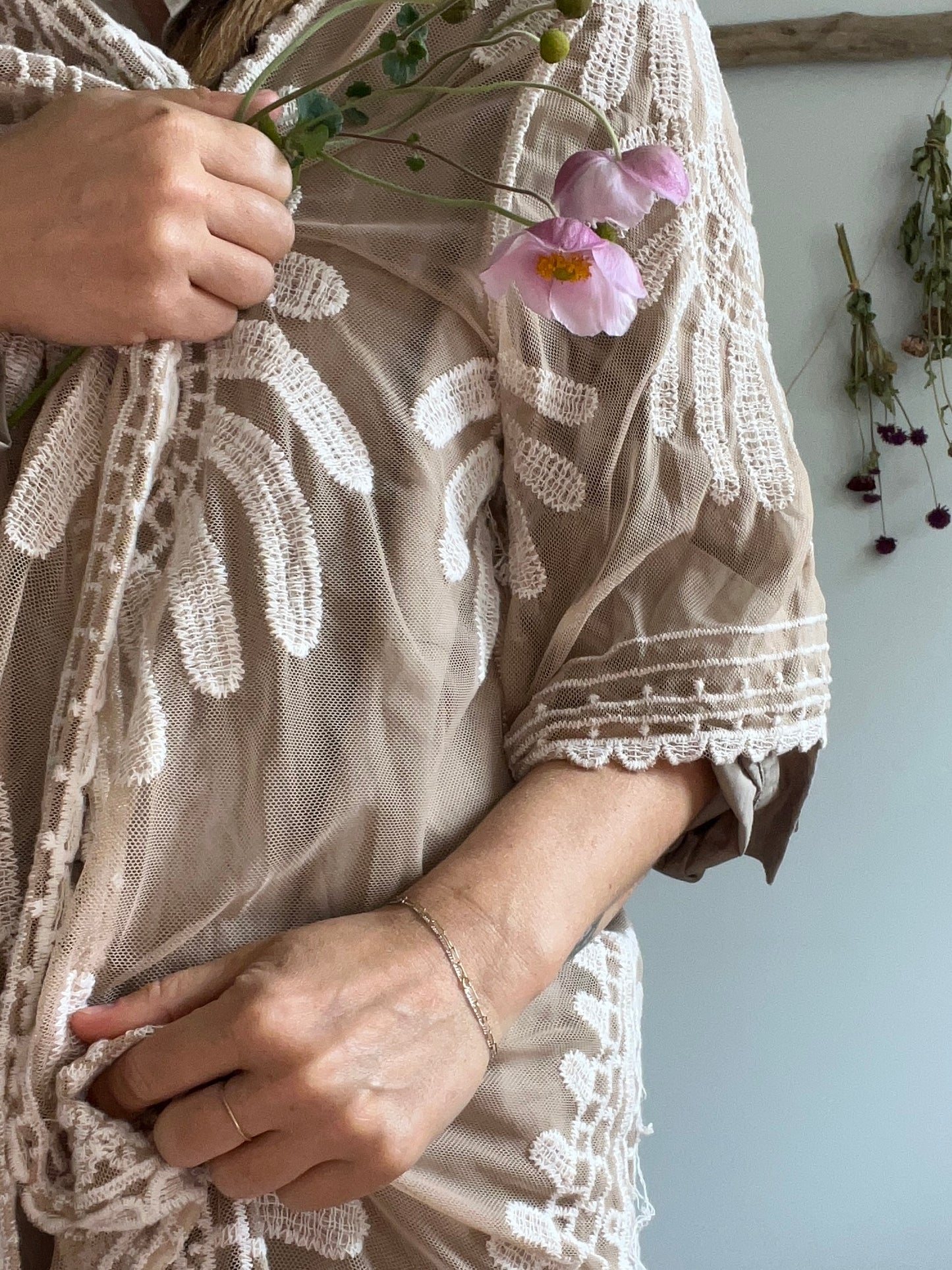 Neutral lace duster with bell sleeves SIZE large