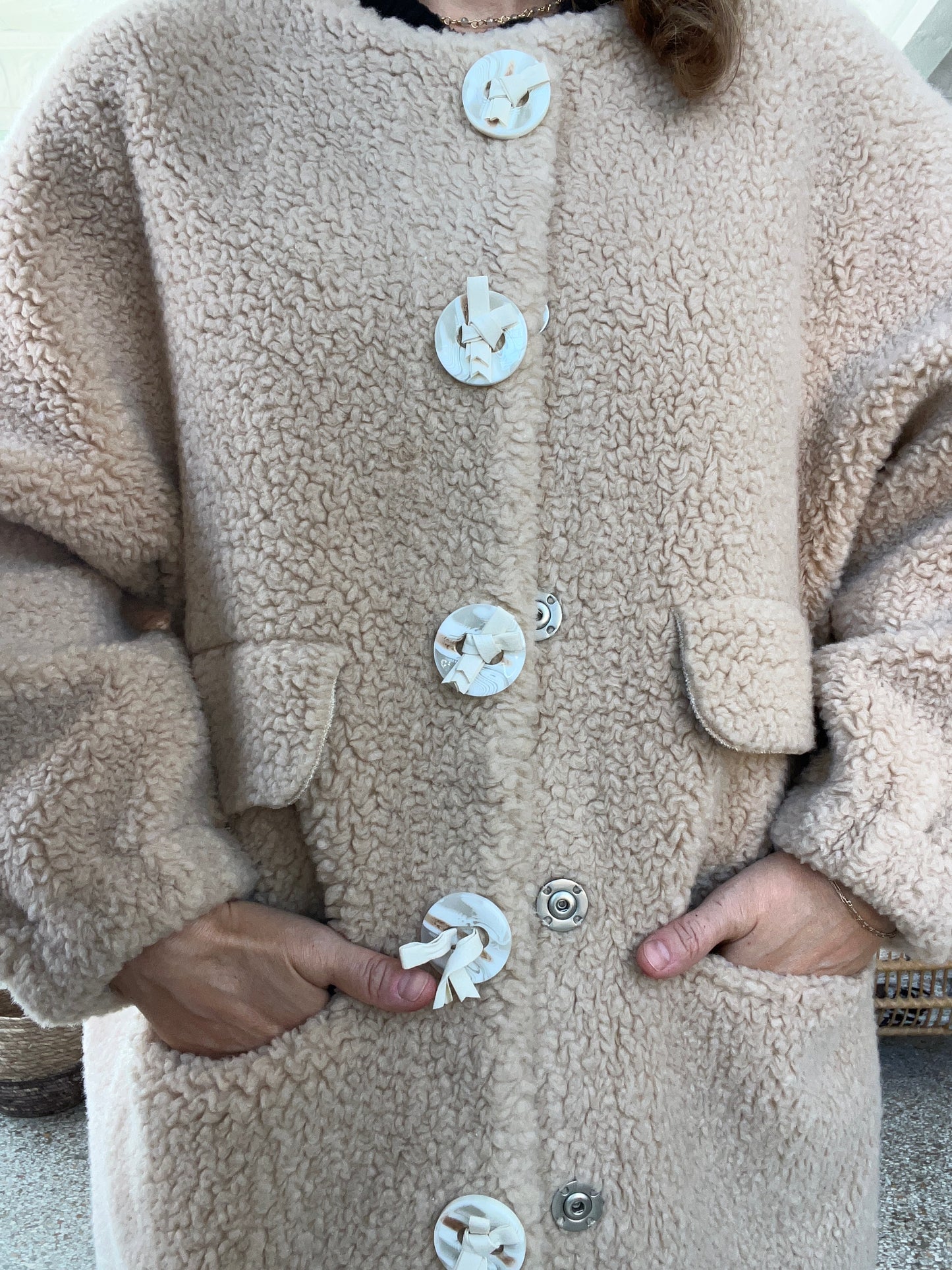 The JACKET. 100% lamb shearling in SIZE small with leather tie buttons. RARE!