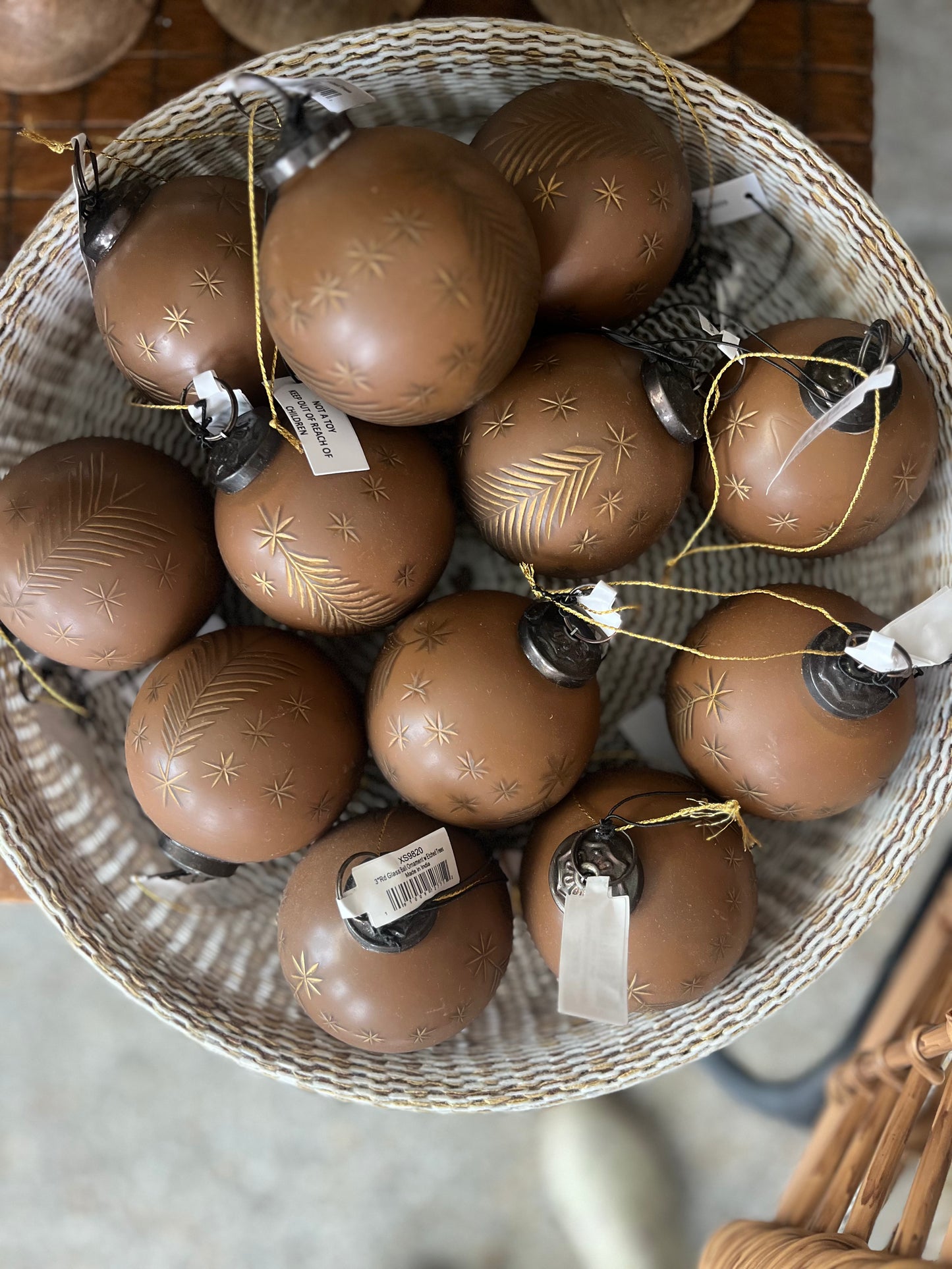 3” glass ball ornament - brown with etched tree