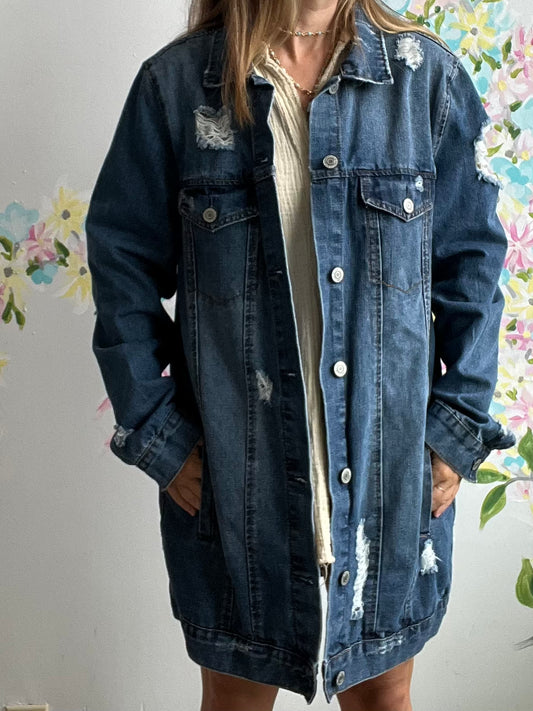 Long distressed denim jacket SIZE medium