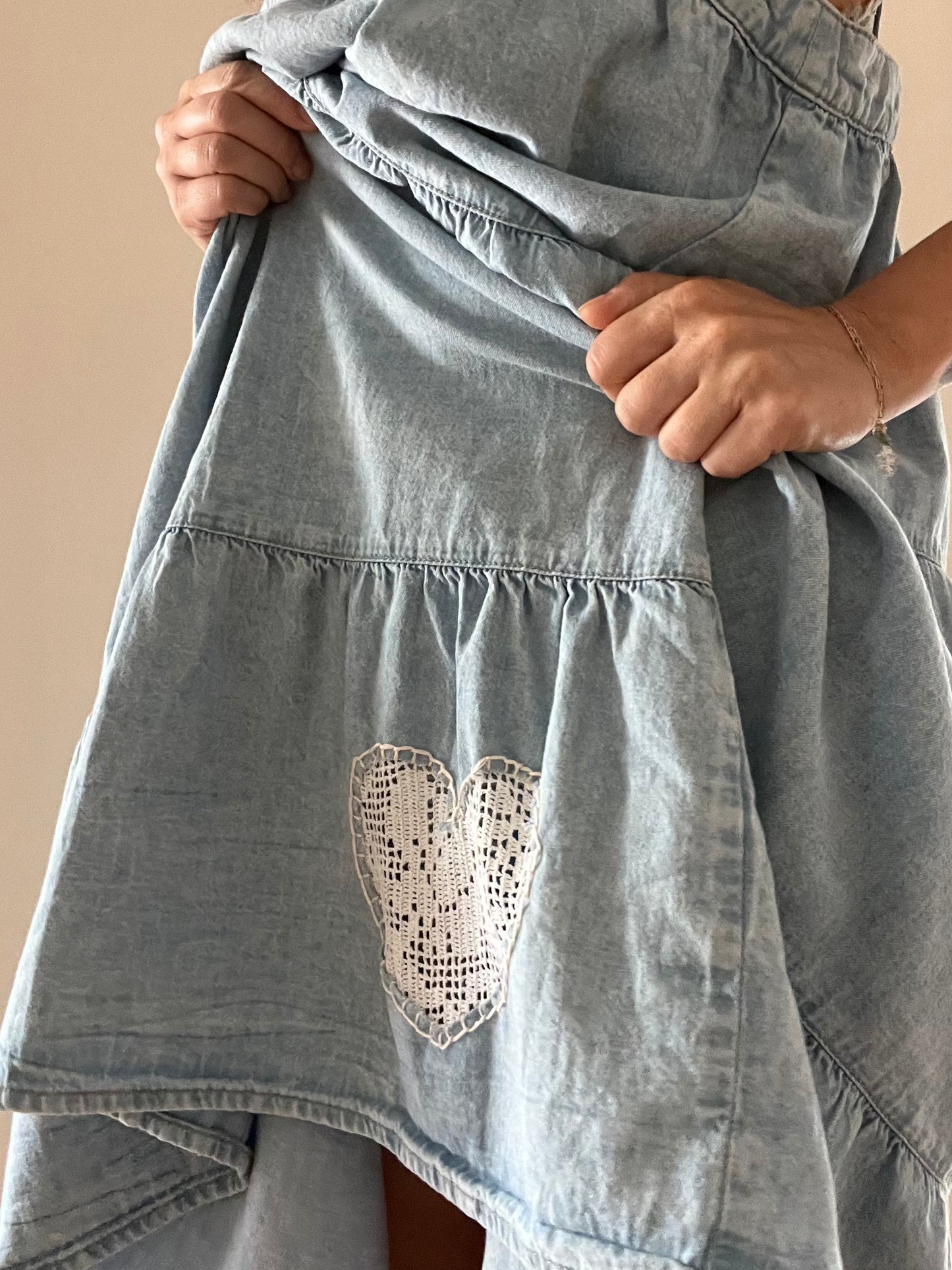 MNG denim ruffle dress with handstitched lace heart SIZE XL