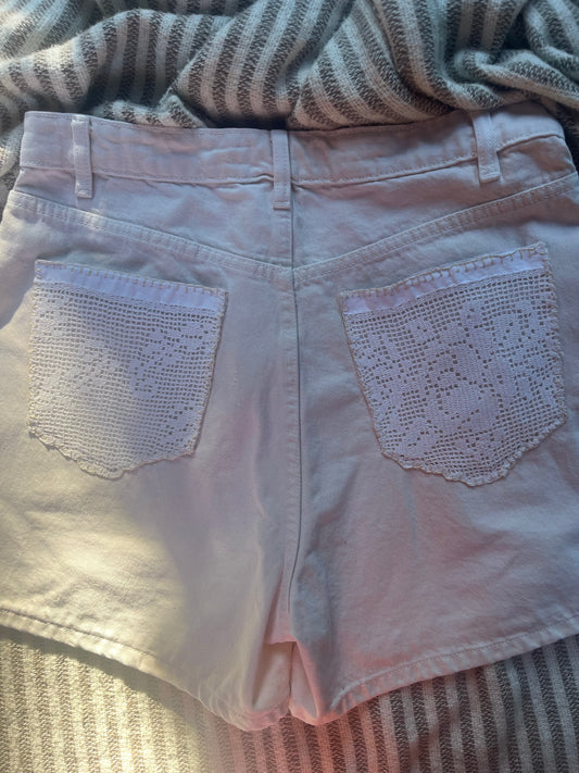 Zara Repurposed Shorts SIZE 10 with vintage lace tablecloth pockets