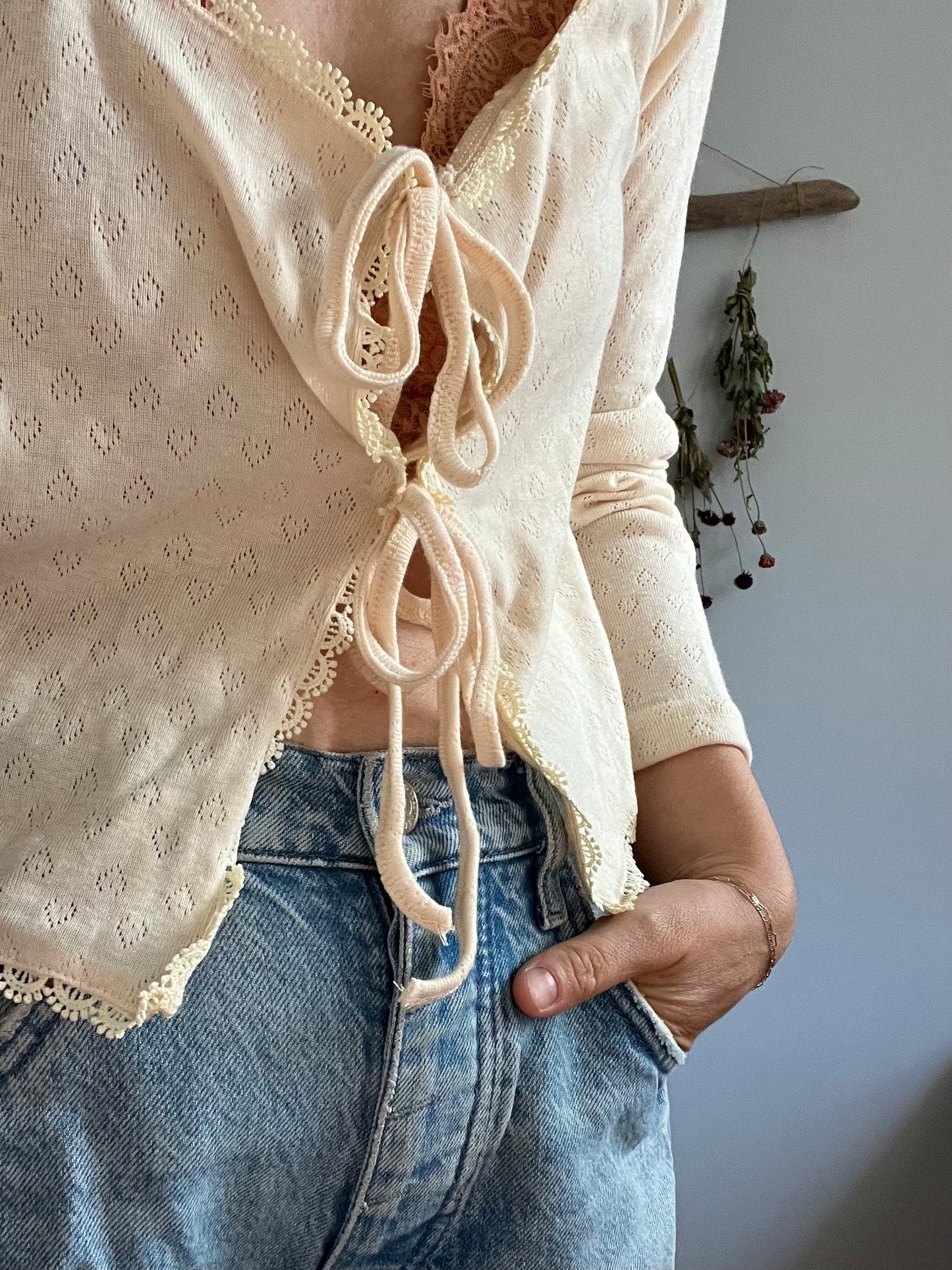 Pale yellow eyelit tie-up shirt NO SIZE fits like a large