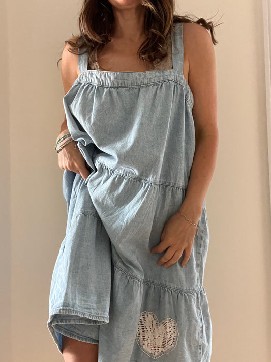MNG denim ruffle dress with handstitched lace heart SIZE XL