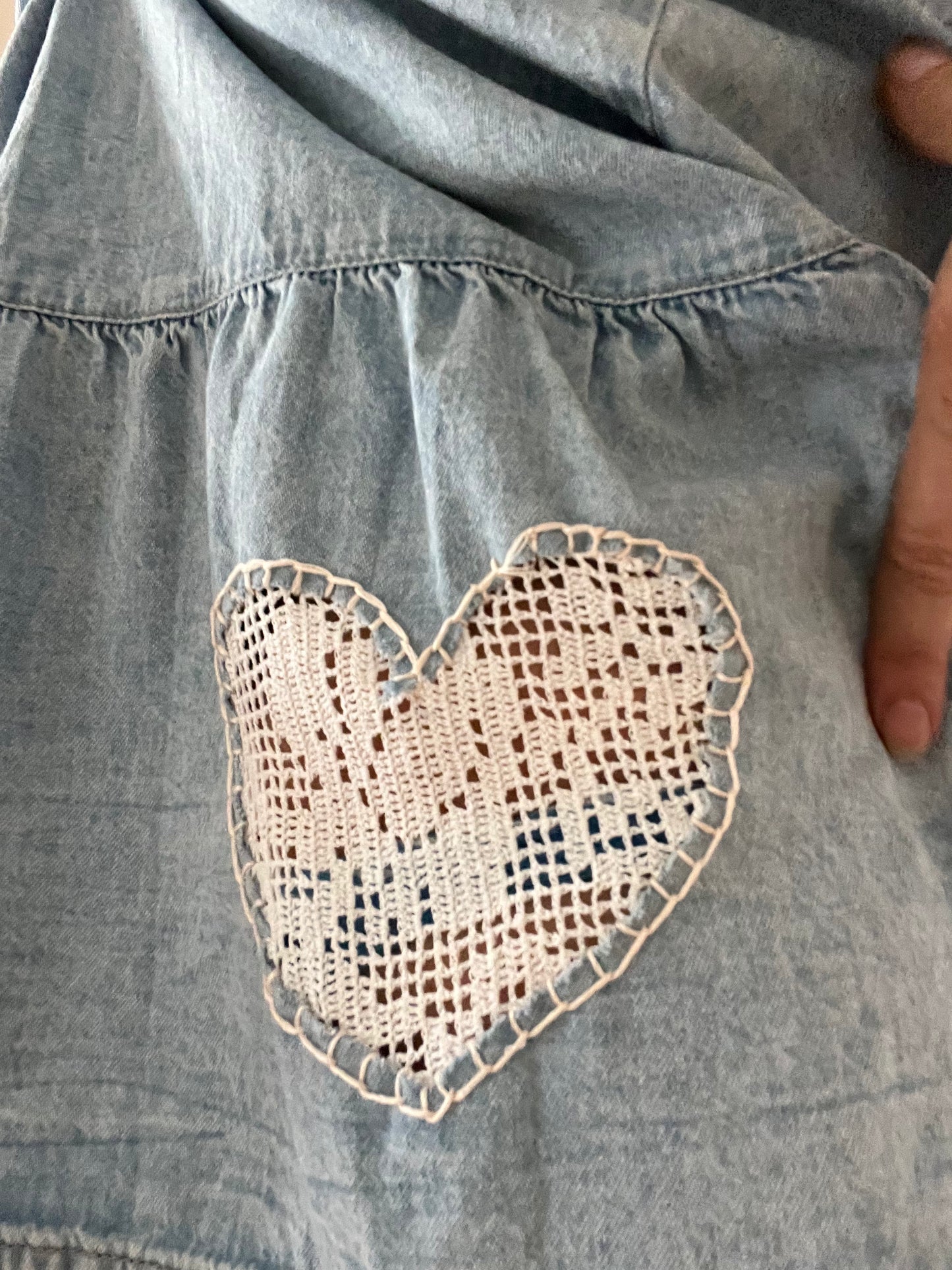 MNG denim ruffle dress with handstitched lace heart SIZE XL